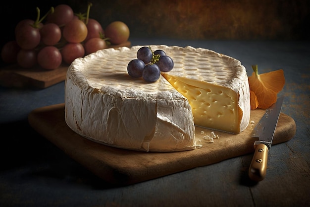 Queso brie redondo con camembert amarillo de muesca sobre tabla de madera con uvas azul oscuro Comida italiana Producto lácteo Bodegón con sombras profundas estilo rústico La imagen es generada por IA