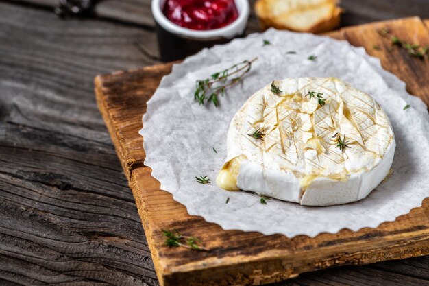 Foto queso camembert horneado casero tradicional francés con tomillo y pan baguette sobre mesa de madera.