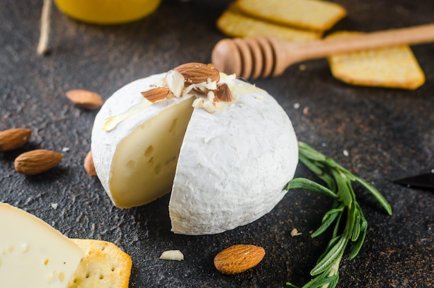 Foto queso camembert con moho blanco nueces miel y frutos secos concepto cena o aperitivo