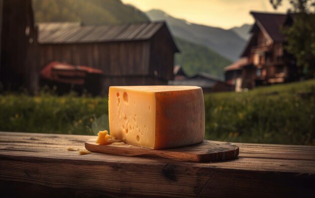 Queso cheddar sobre una mesa de madera con elementos decorativos queso artesanal ai generado