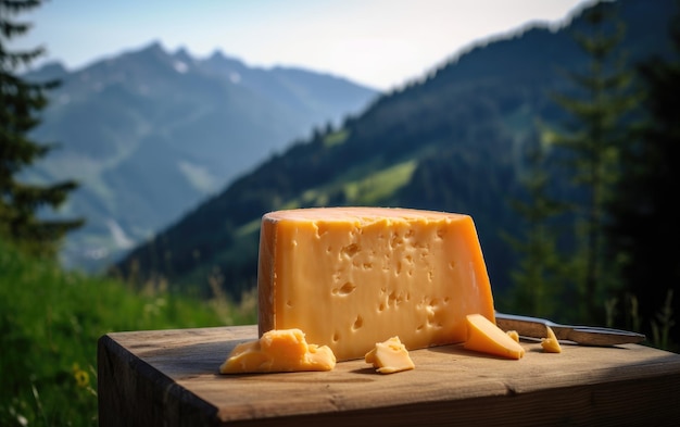 Foto queso cheddar en una tabla de cortar de madera con montañas en el fondo ai generado