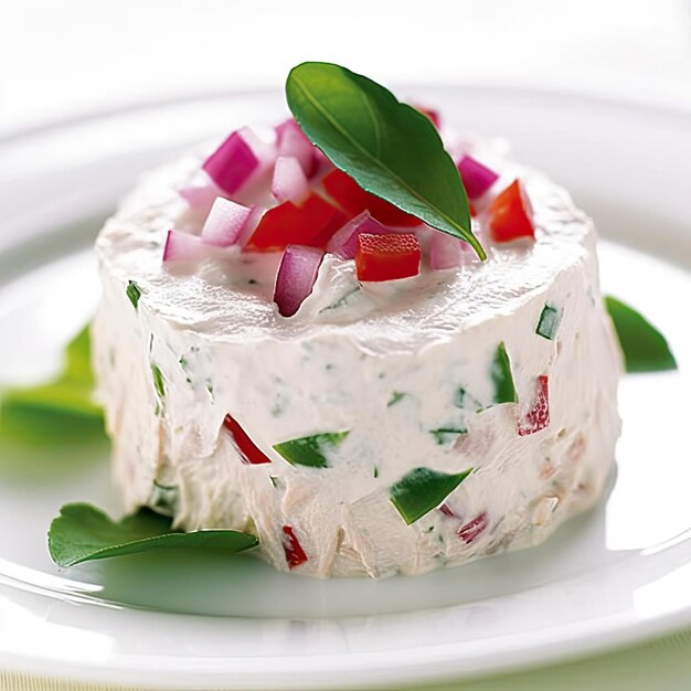 Queso crema con hierbas y verduras en un plato blanco