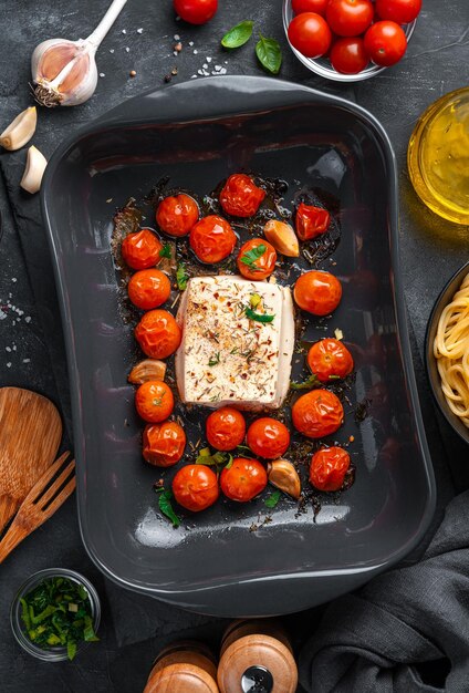 Queso feta al horno con tomates cherry y hierbas en una fuente para horno Preparación de fetapasta Vista superior de cerca