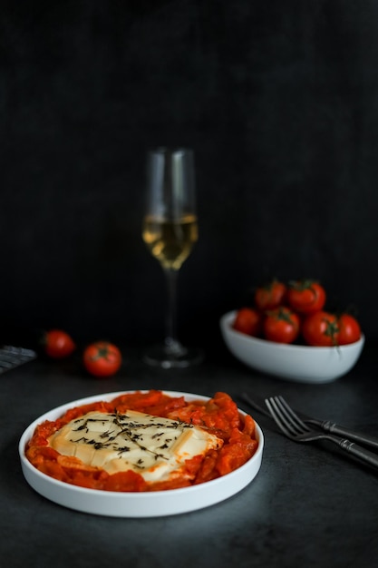 Queso feta al horno con tomates y hierbas en un plato blanco sobre un fondo negro con vino