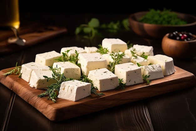 Foto queso feta blanco cortado en cubitos en una tabla de madera adornada con hierbas sobre un fondo de madera oscura