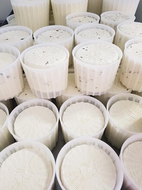 Foto queso fresco en moldes de plástico en una fábrica de queso en italia