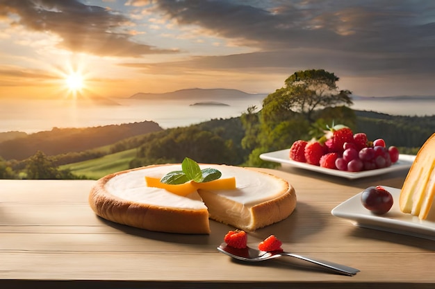 queso y fruta en una mesa con una puesta de sol al fondo