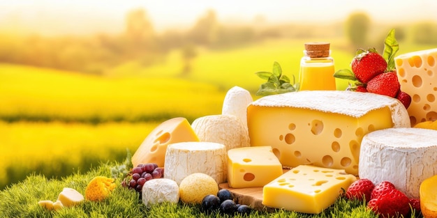 Queso y frutas en el campo