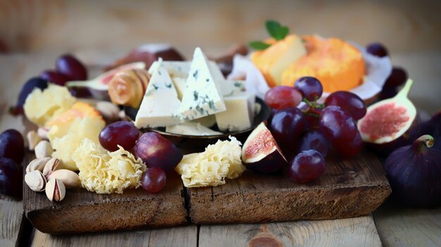 Queso con frutas sobre una tabla de madera