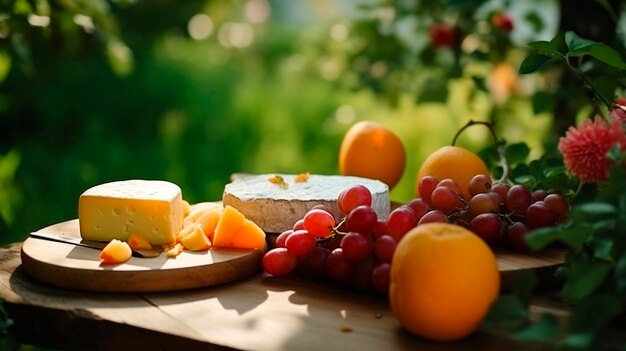 Queso y frutas en una tabla de cortar de madera IA generativa