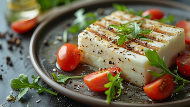 Queso Halloumi o haloumi frito con tomates cereza y cohetes en el plato Queso de cabra rural