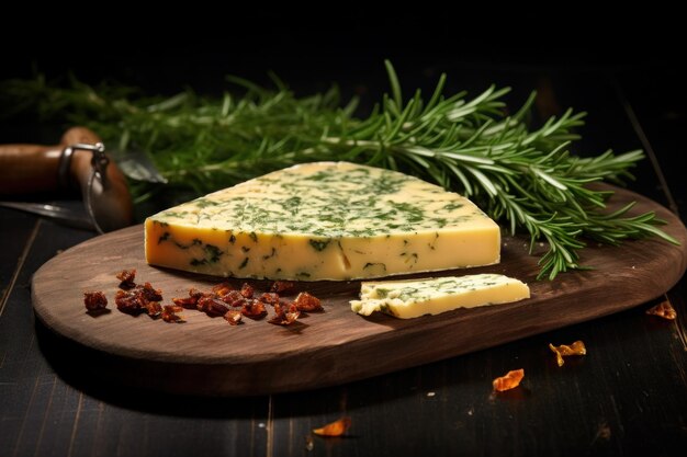 Queso con hierba en una tabla de cortar sobre un fondo oscuro