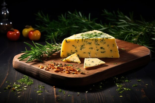 Queso con hierba en una tabla de cortar sobre un fondo oscuro