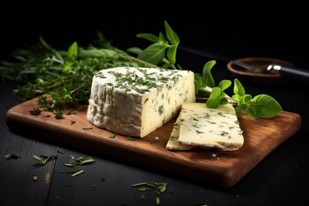 Queso con hierba en una tabla de cortar sobre un fondo oscuro