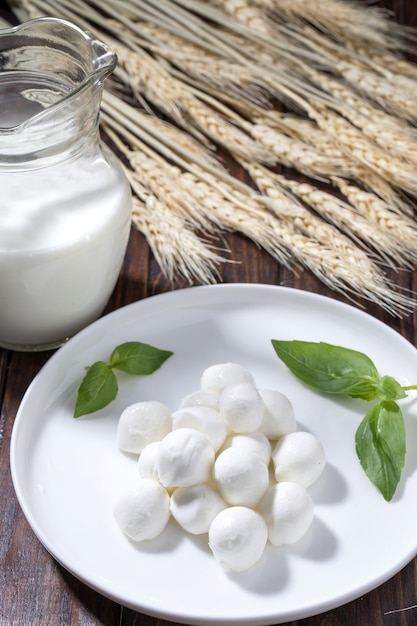 Queso mozzarella con leche en mesa de madera