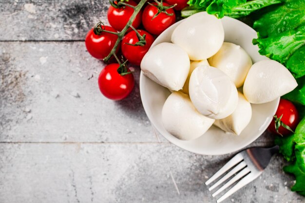 Foto queso mozzarella con tomates cherry y hierbas