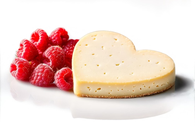 Foto queso neufchtel en forma de corazón blanco suave combinado con frambuesas frescas y galletas de pan corto