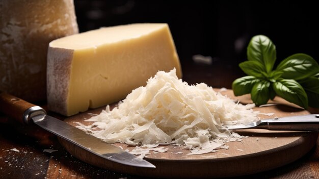 Queso parmesano con cuchillo en tabla de madera