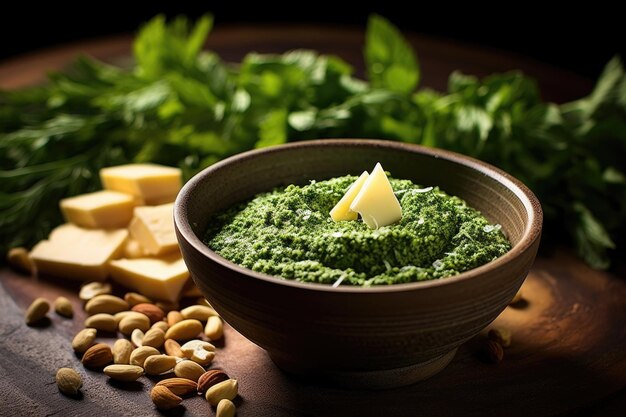 Queso parmesano y nueces de pino junto al plato de pesto