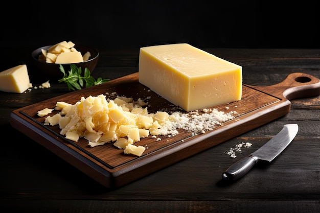 Queso parmesano y utensilios en mesa de madera Espacio para texto