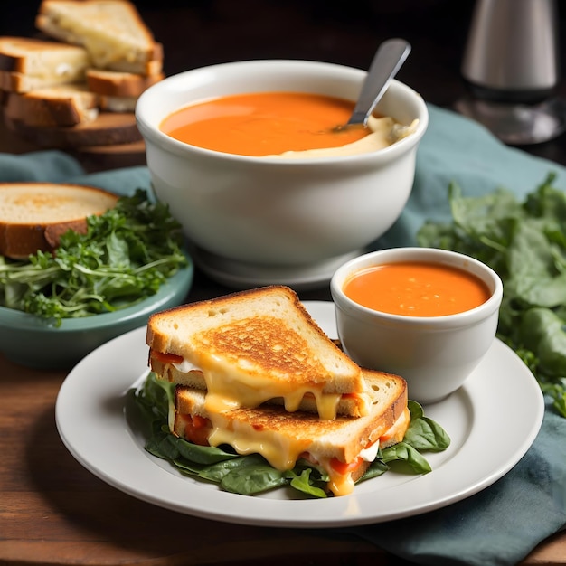 Queso a la parrilla con ajo con sopa de tomate y verduras