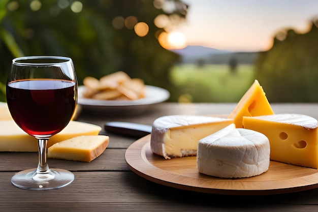 Foto queso y queso en una mesa con un vaso de vino