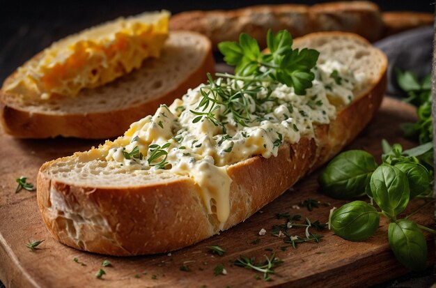 Queso salpicado en rebanadas de baguette con hierbas