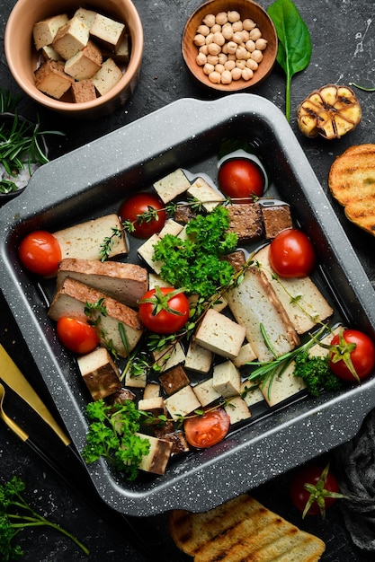 Queso tofu Ensalada de queso tofu tomates aceite de oliva y romero y especias en un bol Sobre un fondo de piedra