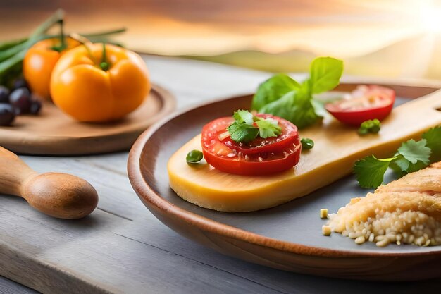 queso y tomates en un plato de madera con una cuchara de madera