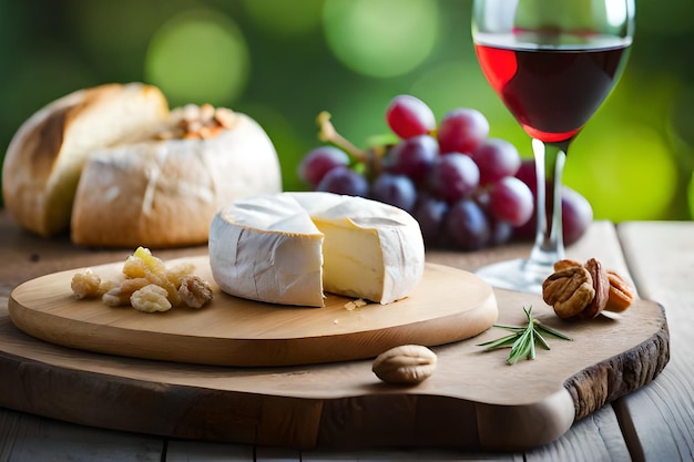 queso y uvas en una bandeja con una copa de vino.