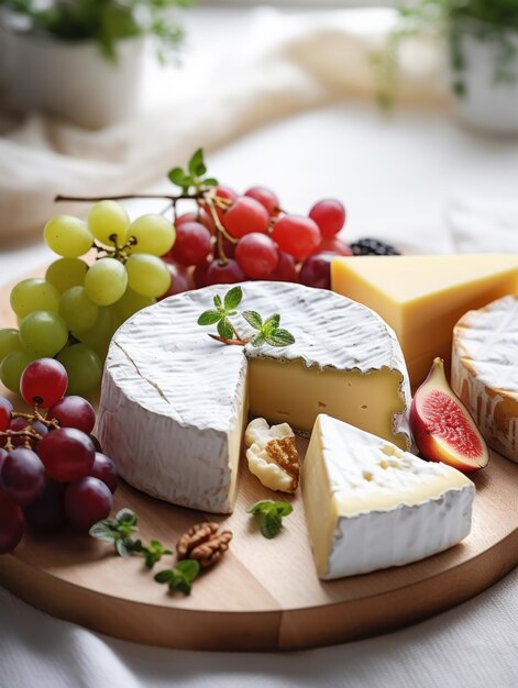 queso y uvas en una mesa camembert brie rebanadas de queso servidas en una tabla de madera