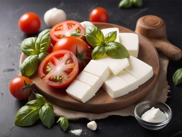 Foto queso y verduras en un plato de madera con tomates y queso