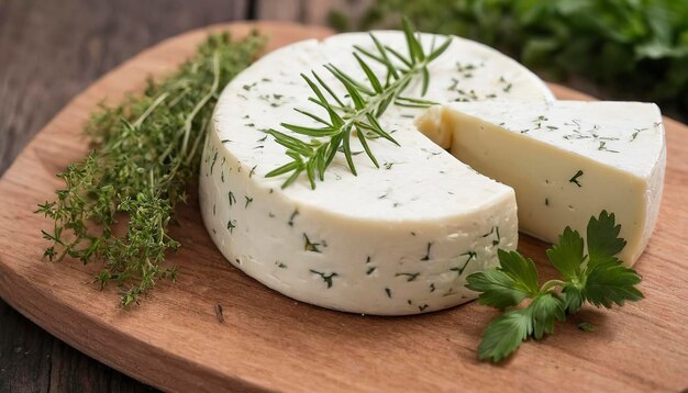 queso en vinagre suluguni en una tabla de madera con hierbas