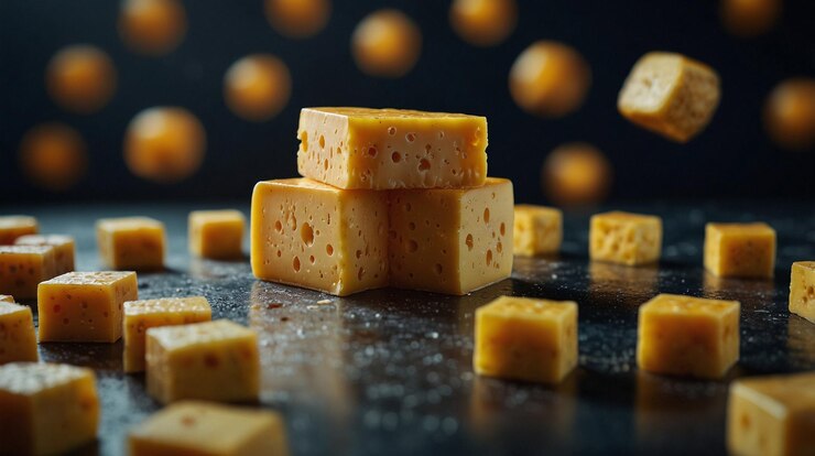 los quesos están apilados uno encima del otro, incluidos el queso y el queso
