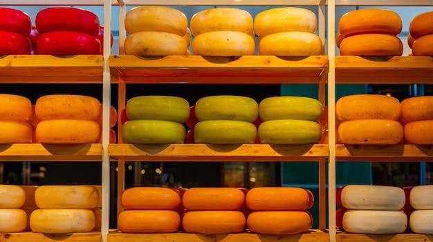 Quesos holandeses edam gouda ruedas redondas sobre estante de madera tienda de quesos en Rotterdam, Países Bajos