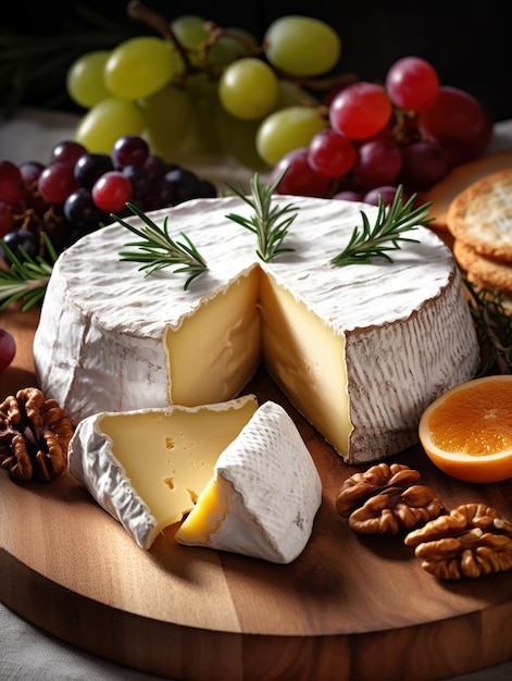 quesos y nueces en una mesa con un plato de queso y nueces.