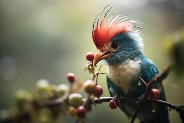 Foto quetzal con bayas en un telón de fondo nebuloso