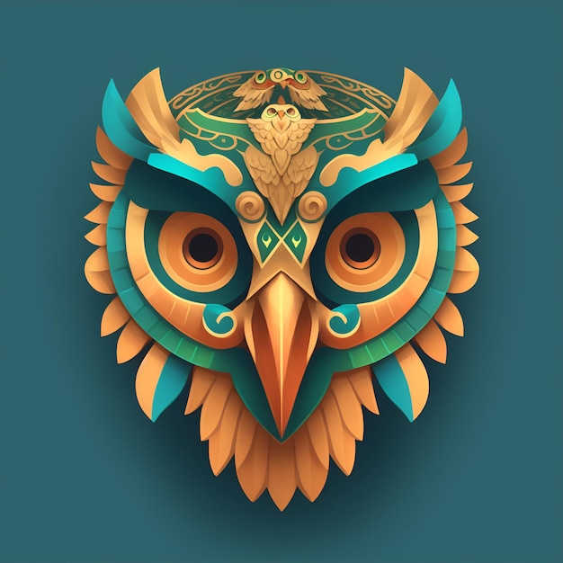 Quetzalcoatl-Eule-Kopf-Symmetrisch-Flach-Ikonen-Design Ai generiert
