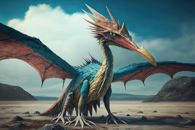 Quetzalcoatlus bunter gefährlicher Dinosaurier in üppiger prähistorischer Natur von Generative AI