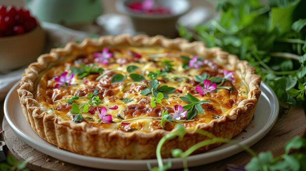 Quiche com flores e ervas em um prato