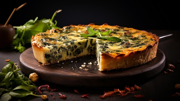 Quiche de bolo tradicional francês com fundo escuro de chard