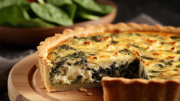 Un quiche de espinacas y queso está en una tabla de cortar de madera.