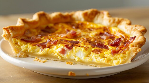 Un Quiche Lorraine dorado en un plato blanco con una corteza escamosa con tocino cremoso de crema de huevo y queso en un telón de fondo de madera ligero bajo una iluminación suave que encarna la elegancia clásica francesa