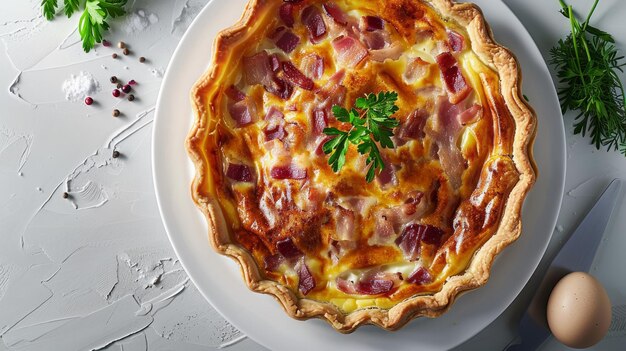 Quiche Lorraine pie con madera de haya ahumado tocino cremoso queso cheddar y huevo de frijol en corto cr