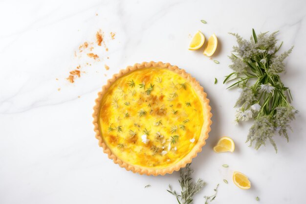 Quiche sobre un fondo de mármol blanco para un aspecto limpio