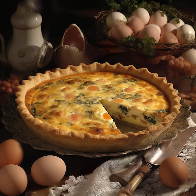 Quiche-Torte mit Schinken, Tomaten, Spinat und Weichkäse auf rustikalem Hintergrund. Generative KI