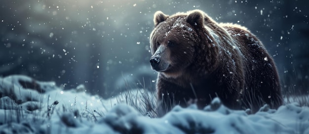 En la quietud del bosque un oso marrón es un retrato de resistencia salvaje mientras los copos de nieve flotan alrededor de su solemne presencia