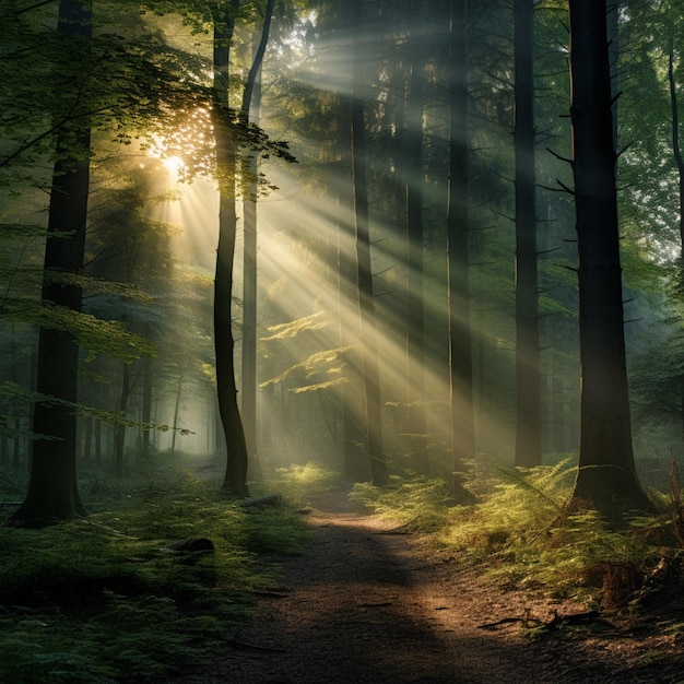 La quietud en un bosque tranquilo con rayos de luz solar