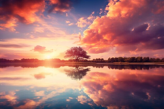 La quietud en la puesta de sol El lago de la sinfonía Reflexión foto