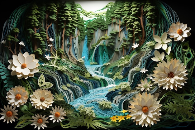 Quilling de papel de floresta profunda com cachoeiras e flores silvestres